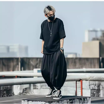 Yohji Yamamoto stílusú őszi-téli lezser bő szárú férfi nadrág, sötét szamuráj nadrág, jóganadrág, rövidített, divatos bő szárú nadrág