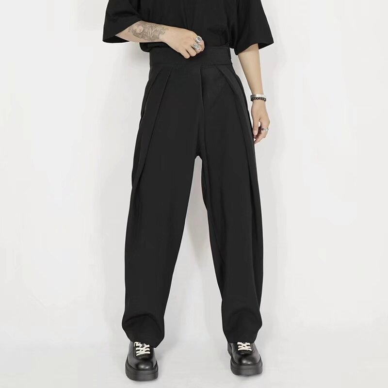 Yohji Yamamoto stílusú őszi-téli lezser bő szárú férfi nadrág, sötét szamuráj nadrág, jóganadrág, rövidített, divatos bő szárú nadrág