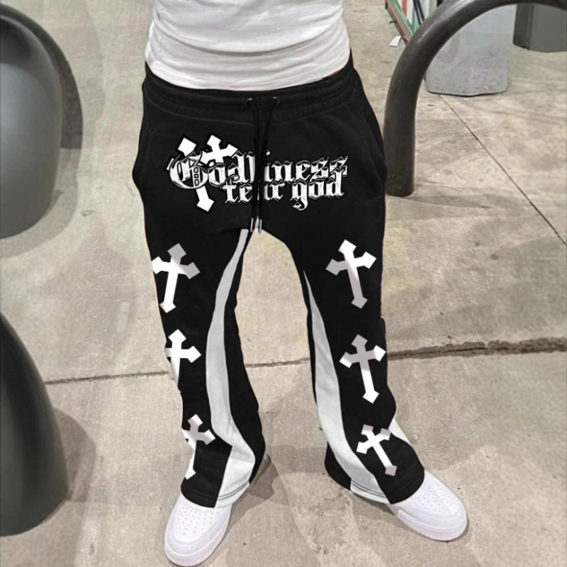 Pantaloni retro americani transfrontalieri toamna și iarna Harajuku casual stil stradal cruce imprimat model pantaloni pentru bărbați și femei