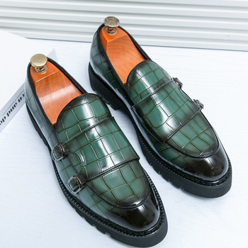 Нови мъжки мокасини с двойна катарама, големи размери, лачени, с дебел ток, през 2024 г., стилни, ежедневни кожени обувки с дебел ток и ярко лице