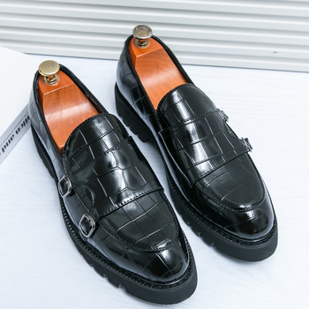Нови мъжки мокасини с двойна катарама, големи размери, лачени, с дебел ток, през 2024 г., стилни, ежедневни кожени обувки с дебел ток и ярко лице