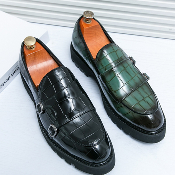 Нови мъжки мокасини с двойна катарама, големи размери, лачени, с дебел ток, през 2024 г., стилни, ежедневни кожени обувки с дебел ток и ярко лице