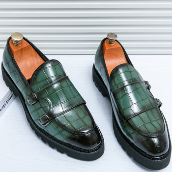 Нови мъжки мокасини с двойна катарама, големи размери, лачени, с дебел ток, през 2024 г., стилни, ежедневни кожени обувки с дебел ток и ярко лице