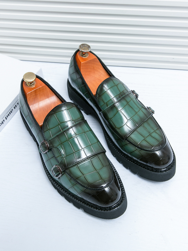 Нови мъжки мокасини с двойна катарама, големи размери, лачени, с дебел ток, през 2024 г., стилни, ежедневни кожени обувки с дебел ток и ярко лице