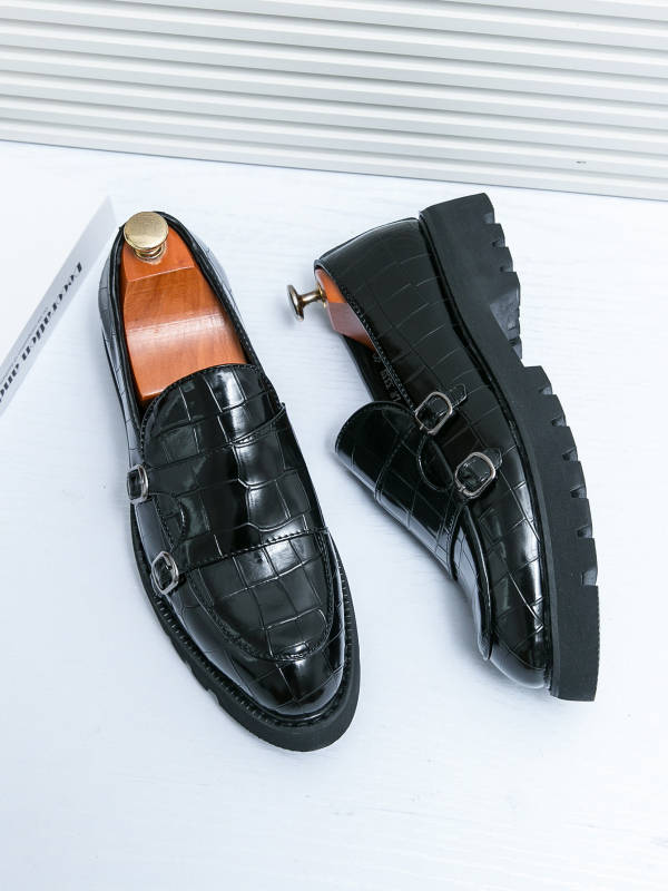 Нови мъжки мокасини с двойна катарама, големи размери, лачени, с дебел ток, през 2024 г., стилни, ежедневни кожени обувки с дебел ток и ярко лице