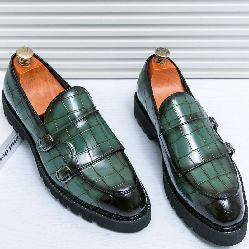 Нови мъжки мокасини с двойна катарама, големи размери, лачени, с дебел ток, през 2024 г., стилни, ежедневни кожени обувки с дебел ток и ярко лице