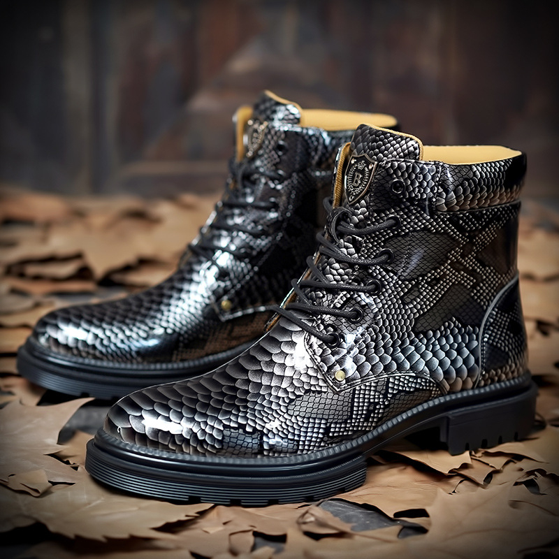 Pantofi Aofu 8809 model de șarpe pentru bărbați, imitație de piele de crocodil vintage, pantofi din piele pentru bărbați, pantofi la modă pentru bărbați, cizme de vârf mediu, cizme Martin