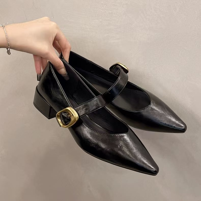 2025. gada pavasara un vasaras augstpapēžu kurpes ar smailu malu, franču augstas klases Mary Jane kurpes, sieviešu metāla sprādzes josta, retro elegantas ikdienas kurpes
