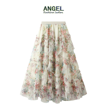 Ženska mrežasta suknja s cvjetnim uzorkom, proljeće 2024., francuska palača, stil torte, 8077