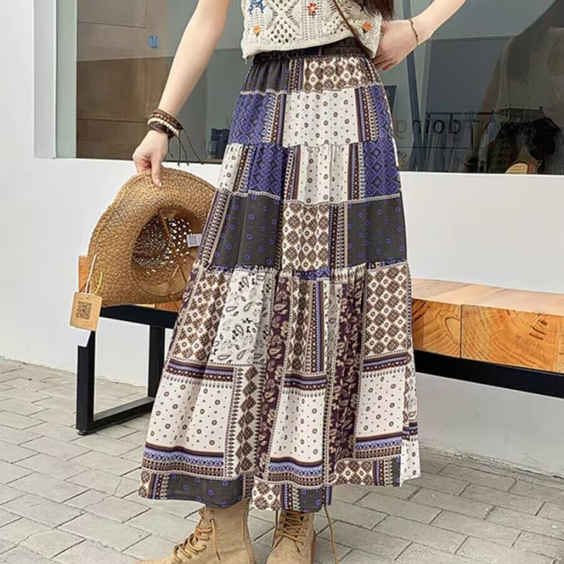 Etnikai stílusú varrású virágmintás szoknya Női 2025 tavaszi új rakott szoknya Magas derekú, karcsúsító, nagy lenge, A-vonalú hosszú szoknya