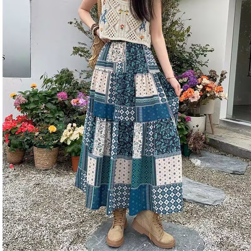 Etnikai stílusú varrású virágmintás szoknya Női 2025 tavaszi új rakott szoknya Magas derekú, karcsúsító, nagy lenge, A-vonalú hosszú szoknya