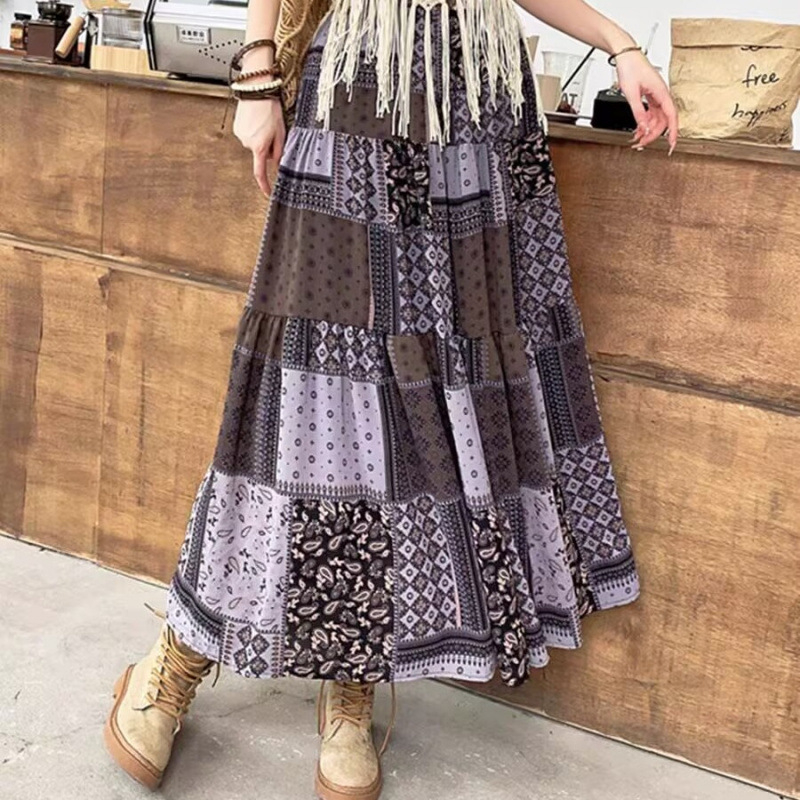 Etnikai stílusú varrású virágmintás szoknya Női 2025 tavaszi új rakott szoknya Magas derekú, karcsúsító, nagy lenge, A-vonalú hosszú szoknya