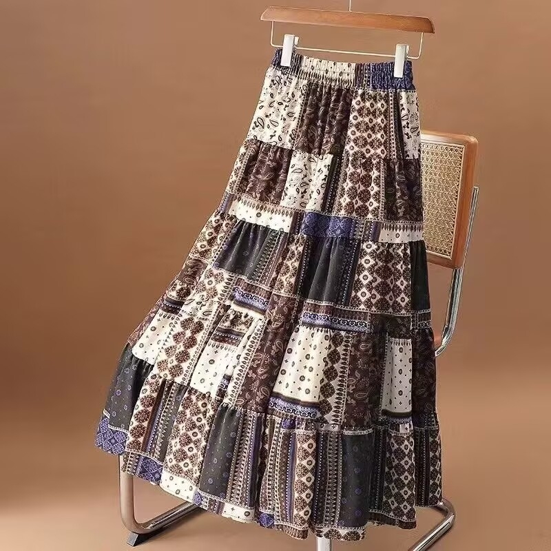Etnikai stílusú varrású virágmintás szoknya Női 2025 tavaszi új rakott szoknya Magas derekú, karcsúsító, nagy lenge, A-vonalú hosszú szoknya
