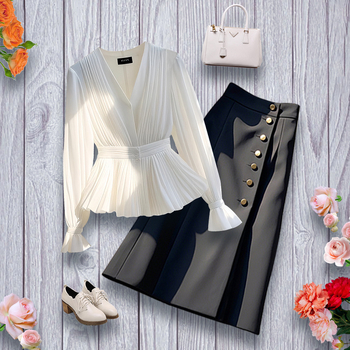 Őszi viselet 2025 Új francia stílusú könnyű luxus elegáns ing niche korcsökkentő karcsúsító szoknya kétrészes szett nőknek