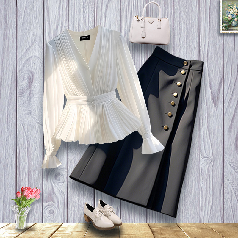 Őszi viselet 2025 Új francia stílusú könnyű luxus elegáns ing niche korcsökkentő karcsúsító szoknya kétrészes szett nőknek