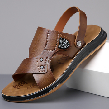 Férfi strandcipők, 2024-es nyári férfi trendi, lélegző, puha talpú, alkalmi, kettős felhasználású szandál, bőr szandálok, egy generációnyi haj