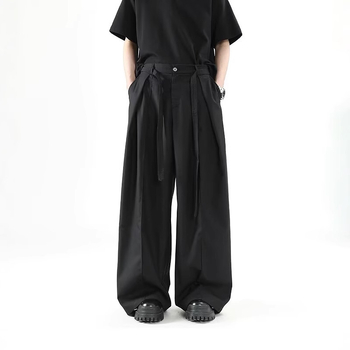 Japán stílusú, drape-szerű, niche dizájnú, bő szárú, földig érő nadrág, ejtőernyős nadrág, divatos, lezser, laza, magas derekú, karcsúsító nadrág