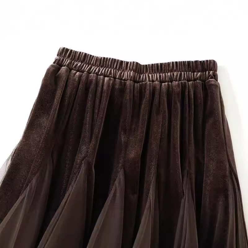 2025 őszi-téli arany bársony varrású hálós szoknya női középhosszú, magas derekú, karcsúsító, lenge gézszoknya D8810