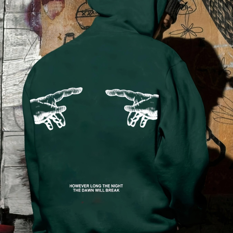 Férfi lezser kapucnis pulóver, ujjlenyomat-nyomattal - kényelmes poliészter