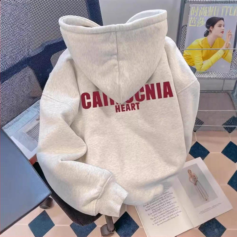 Kapucnis, betűkkel ellátott, polár bélésű pulóver, női tavaszi és őszi 2024-es új, laza, túlméretezett divatos felső, páros dzseki