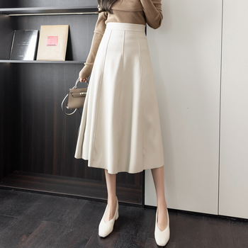 Magas derekú pu szoknya nőknek 2025 tavaszi új, magas derekú, A-vonalú bőr szoknya drapézott, középhosszú, belső aljú esernyőszoknyával