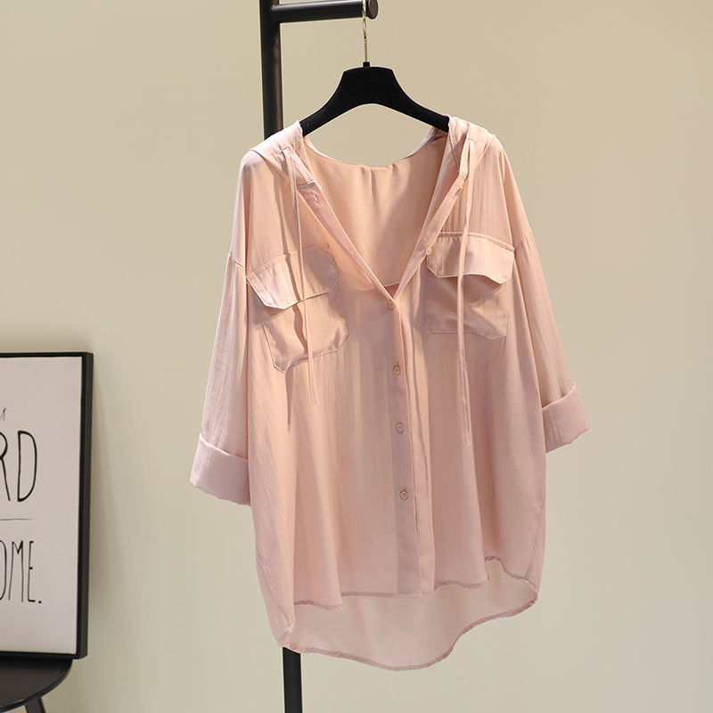 Vidutinio ilgio gobtuvu nuo saulės apsaugantys moteriški drabužiai 2023 m. vasarai, nauji dvigubos kišenės laisvi korėjietiško stiliaus ploni marškiniai, laisvalaikio marškiniai