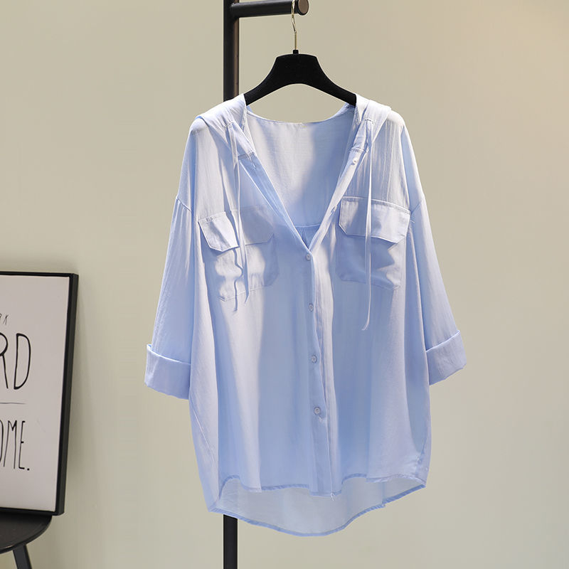 Vidutinio ilgio gobtuvu nuo saulės apsaugantys moteriški drabužiai 2023 m. vasarai, nauji dvigubos kišenės laisvi korėjietiško stiliaus ploni marškiniai, laisvalaikio marškiniai