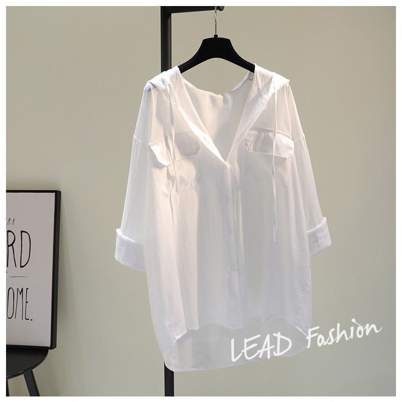 Vidutinio ilgio gobtuvu nuo saulės apsaugantys moteriški drabužiai 2023 m. vasarai, nauji dvigubos kišenės laisvi korėjietiško stiliaus ploni marškiniai, laisvalaikio marškiniai