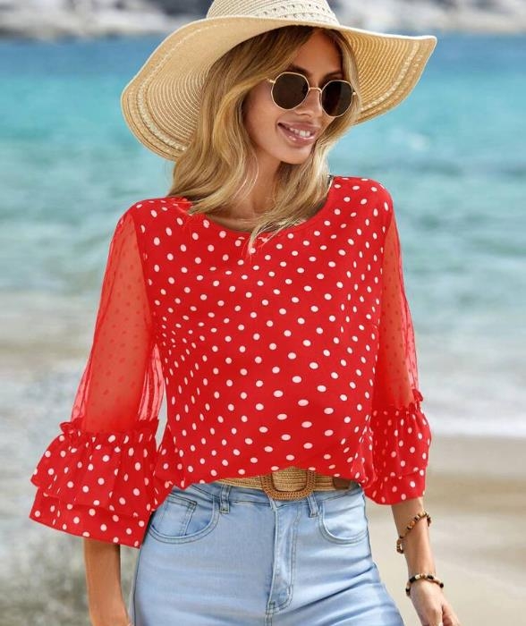 2024-es divatos női laza pöttyös csipke szarv ujjú ing, női lezser ing, felső