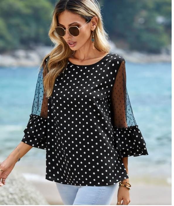 2024-es divatos női laza pöttyös csipke szarv ujjú ing, női lezser ing, felső