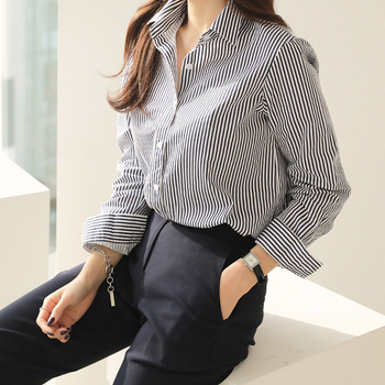 2024 Japán és koreai, határokon átnyúló, tiszta pamut csíkos, lezser, sokoldalú, lélegző, hosszú ujjú tavaszi és őszi női ing