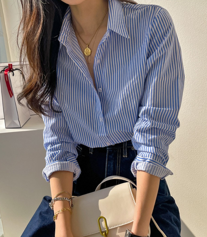 2024 Japán és koreai, határokon átnyúló, tiszta pamut csíkos, lezser, sokoldalú, lélegző, hosszú ujjú tavaszi és őszi női ing