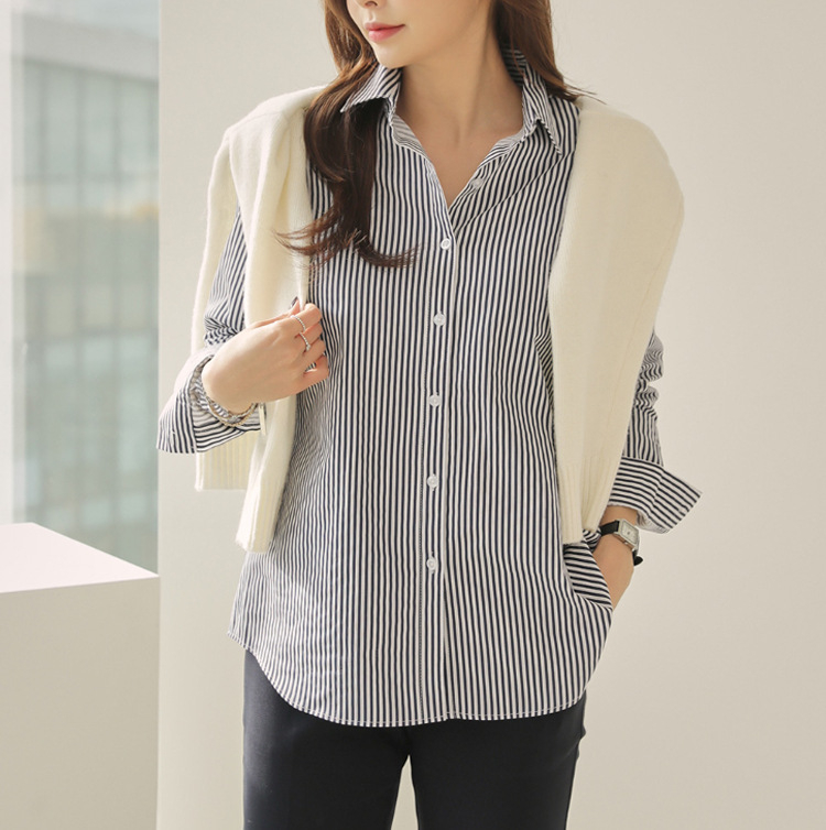 2024 Japán és koreai, határokon átnyúló, tiszta pamut csíkos, lezser, sokoldalú, lélegző, hosszú ujjú tavaszi és őszi női ing