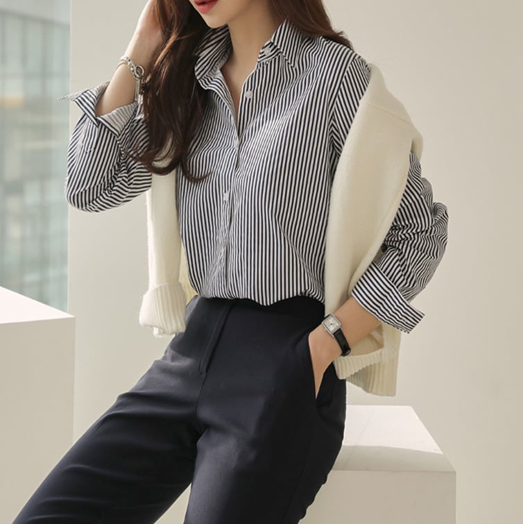 2024 Tricou de damă cu mânecă lungă, din bumbac pur, cu dungi, casual, versatil, respirabil, de primăvară și de toamnă, japonez și coreean, transfrontalier