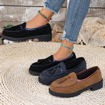 2025 tavaszi és őszi új stílusú, kerek orrú, vastag sarokú, közepes sarokú, egyszínű cipő, női koreai stílusú, divatos, nagy méretű, bebújós, külkereskedelmi, munkacipő női cipő