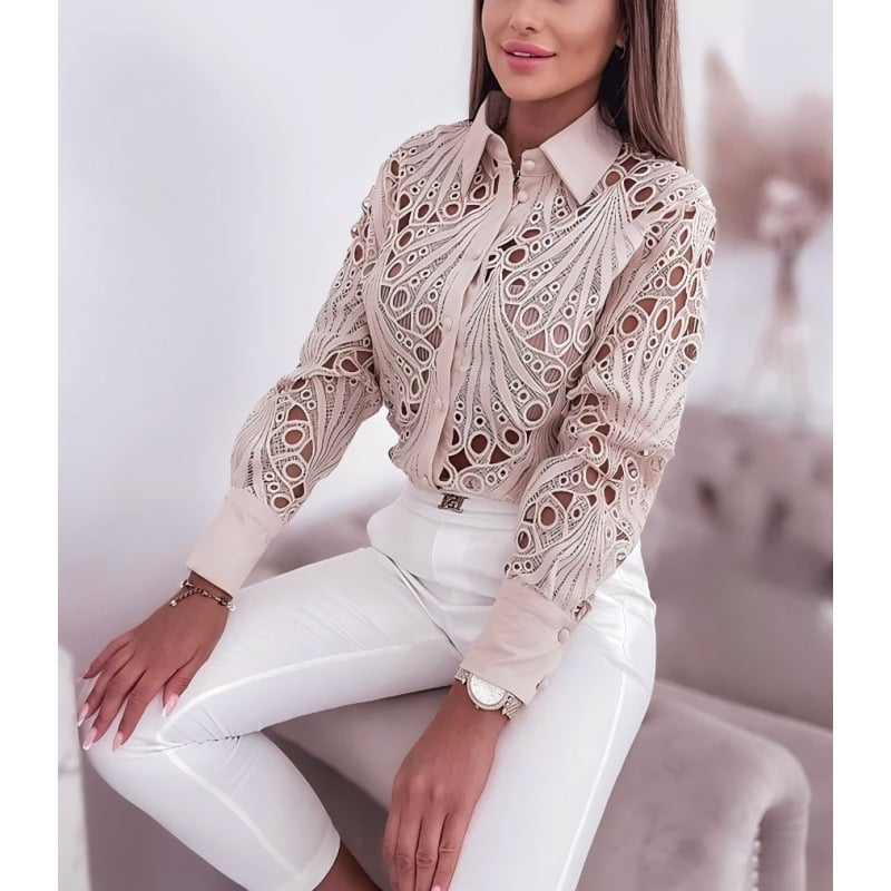 2025 Független Állomás kívánsága Amazon Explosions tavaszi és őszi Joker ingázó divatos csipke üreges hosszú ujjú női ing