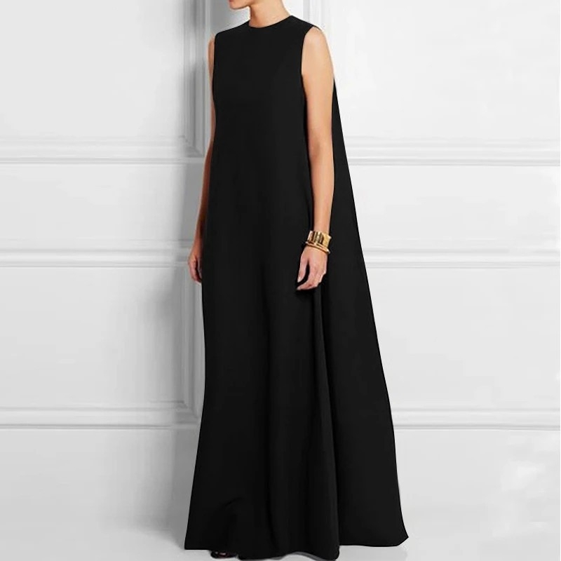 Női nyári, ujjatlan, hát nélküli, hosszú ruha, egyszínű, lezser, bő mellényes ruha, határokon átnyúló