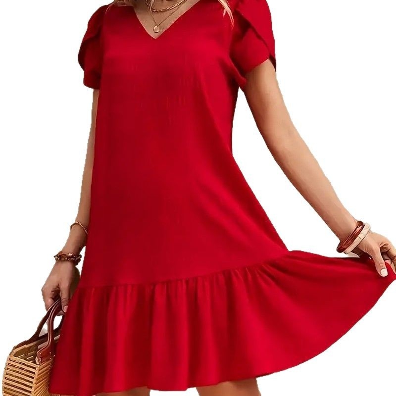 Európai és amerikai határokon átnyúló független állomás temu Amazon V-nyakú egyszínű bő ruha, lezser rövid ujjú ruha