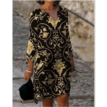 2024 Új Színblokkos Nyomtatású Patchwork V-nyakú Laza Bambusz Retro Művészi Kerek Nyakkivágású Fél Ujjú Plus Size Ruha