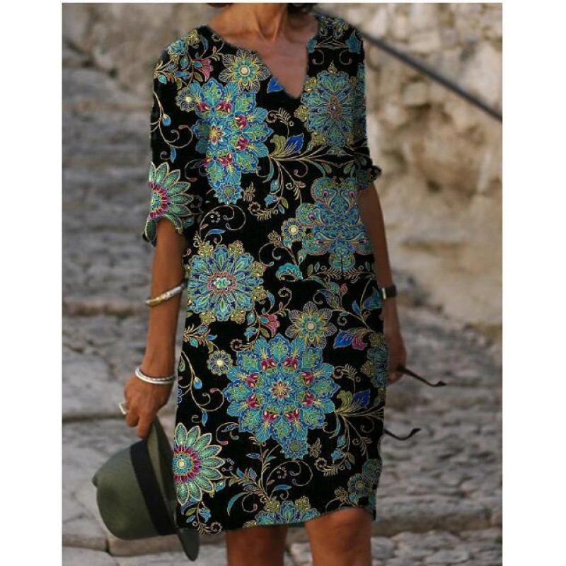 2024 Új Színblokkos Nyomtatású Patchwork V-nyakú Laza Bambusz Retro Művészi Kerek Nyakkivágású Fél Ujjú Plus Size Ruha