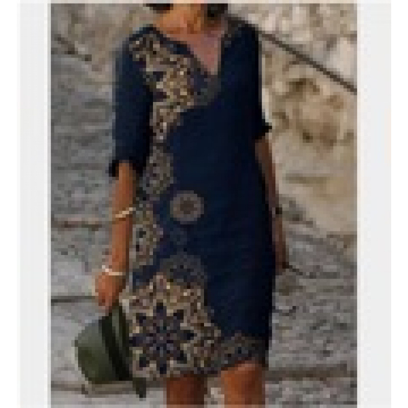 2024 Új Színblokkos Nyomtatású Patchwork V-nyakú Laza Bambusz Retro Művészi Kerek Nyakkivágású Fél Ujjú Plus Size Ruha