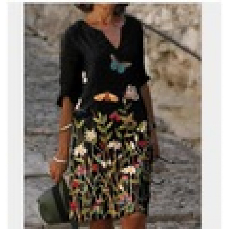 2024 Új Színblokkos Nyomtatású Patchwork V-nyakú Laza Bambusz Retro Művészi Kerek Nyakkivágású Fél Ujjú Plus Size Ruha