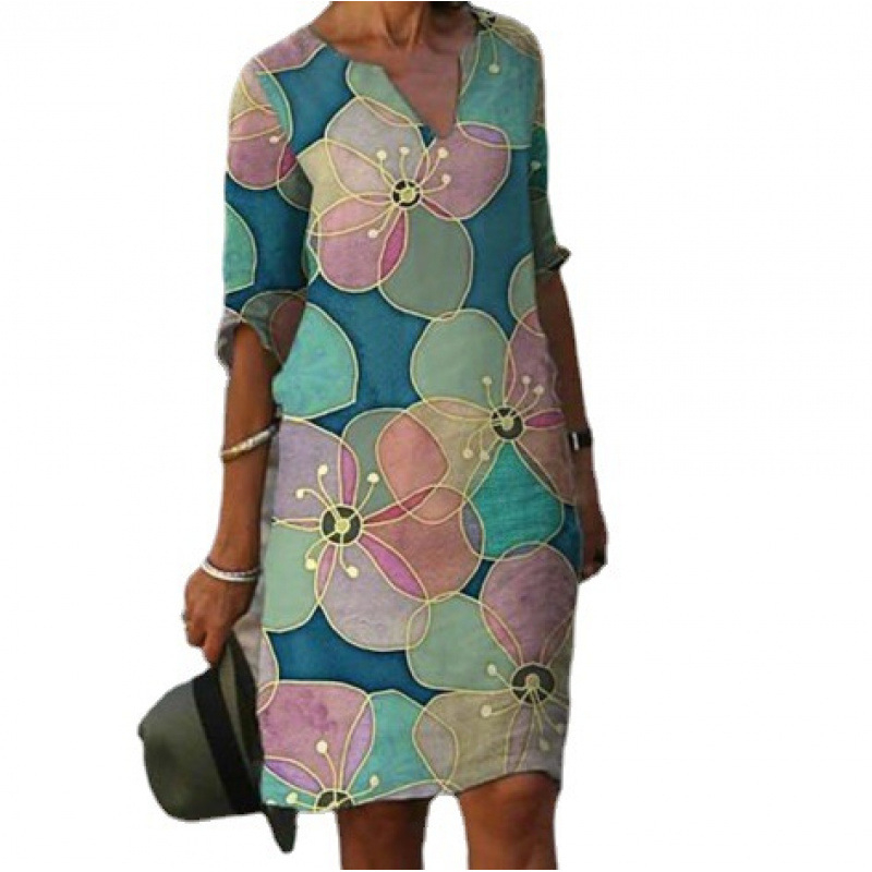 2024 Új Színblokkos Nyomtatású Patchwork V-nyakú Laza Bambusz Retro Művészi Kerek Nyakkivágású Fél Ujjú Plus Size Ruha