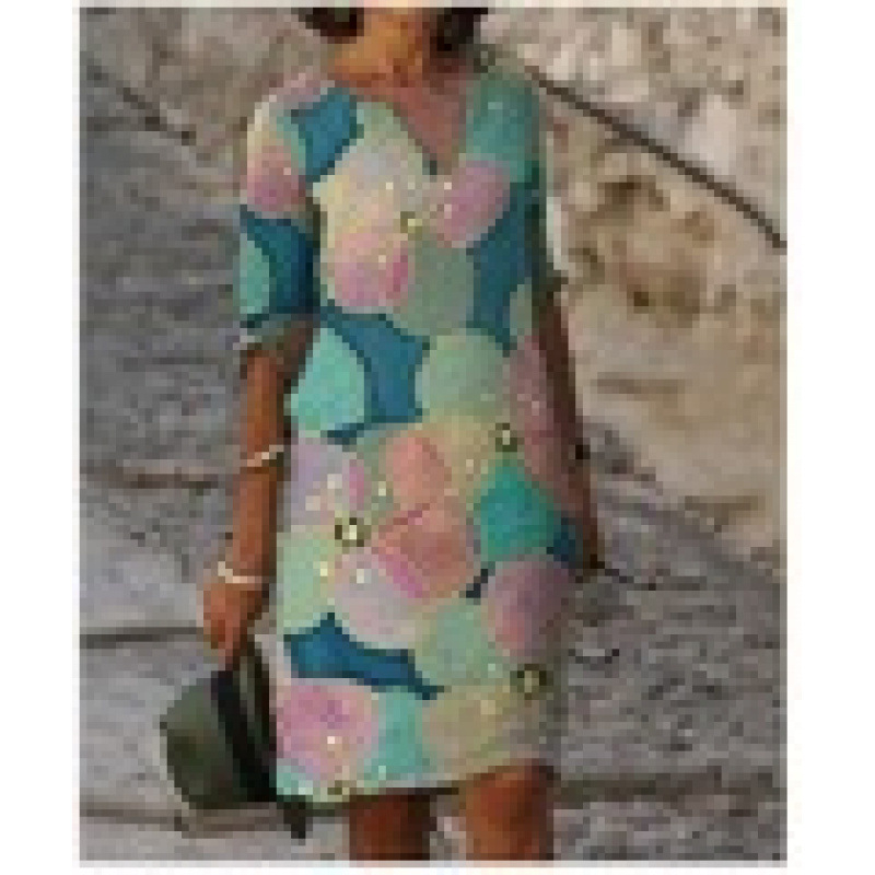 2024 Új Színblokkos Nyomtatású Patchwork V-nyakú Laza Bambusz Retro Művészi Kerek Nyakkivágású Fél Ujjú Plus Size Ruha