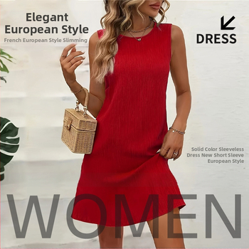 2025 nyári új európai és amerikai egyszínű, kerek nyakú, hátul gombos ujjatlan női ruha, elegáns és divatos