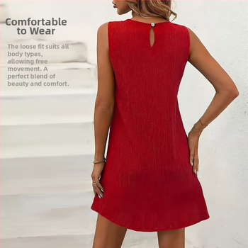 2025 nyári új európai és amerikai egyszínű, kerek nyakú, hátul gombos ujjatlan női ruha, elegáns és divatos