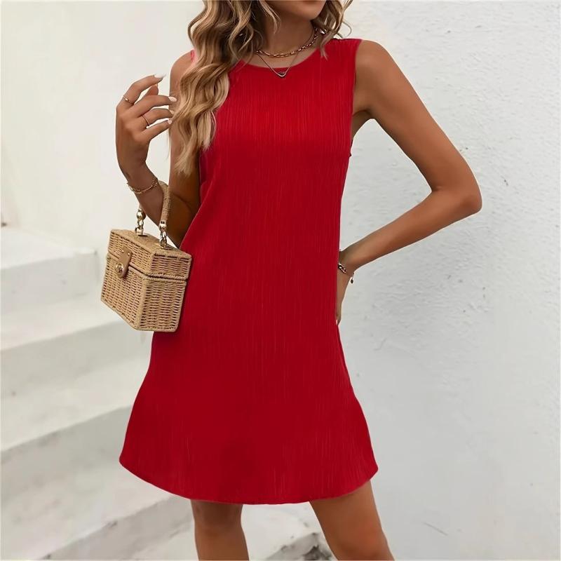 2025 nyári új európai és amerikai egyszínű, kerek nyakú, hátul gombos ujjatlan női ruha, elegáns és divatos