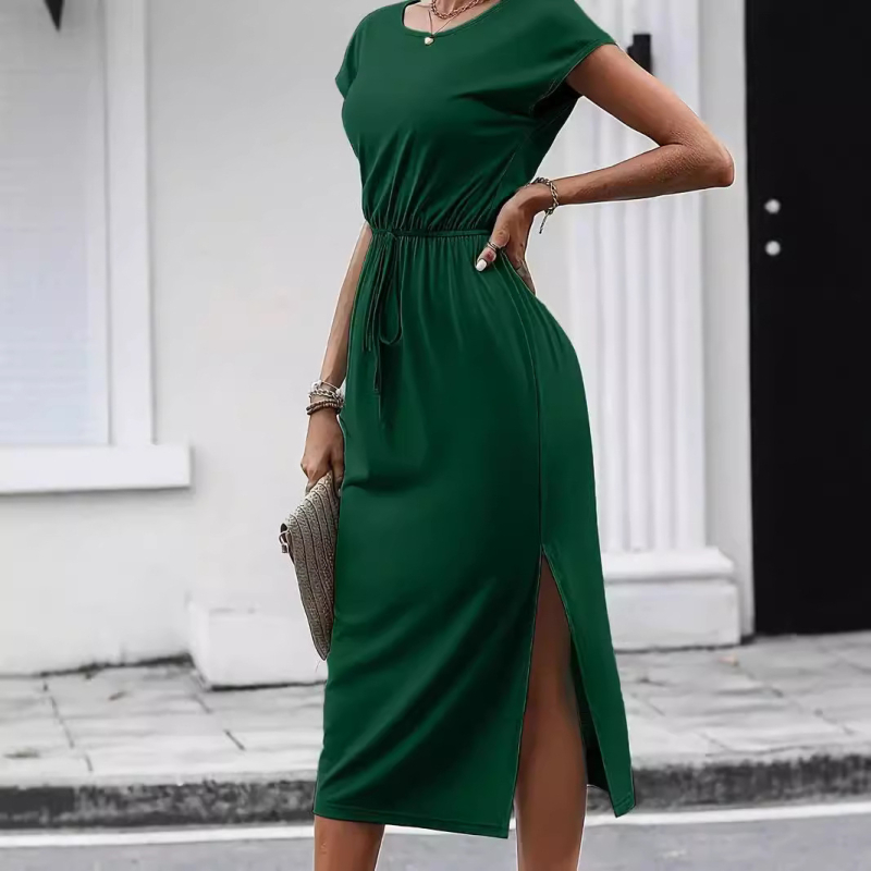 Spot 2024 Ευρωπαϊκά και Αμερικανικά Διασυνοριακά Γυναικεία Ρούχα Καλοκαιρινά Νέο Independent Station Στρογγυλό Λαιμόκοψη Μέση Pure Color Φόρεμα Tiktok