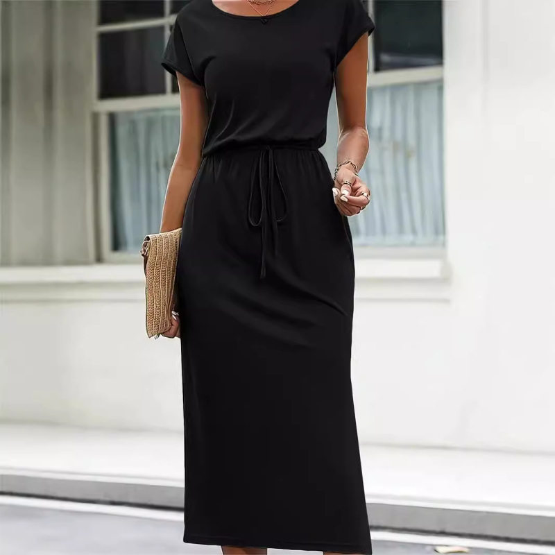 Spot 2024 Ευρωπαϊκά και Αμερικανικά Διασυνοριακά Γυναικεία Ρούχα Καλοκαιρινά Νέο Independent Station Στρογγυλό Λαιμόκοψη Μέση Pure Color Φόρεμα Tiktok