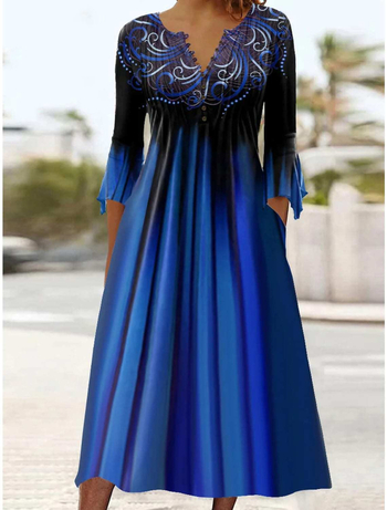 20223 Női új, határokon átnyúló európai és amerikai divatos tavaszi és nyári trombitamintás, hét ujjú, V-nyakú, gombos, rakott női ruha